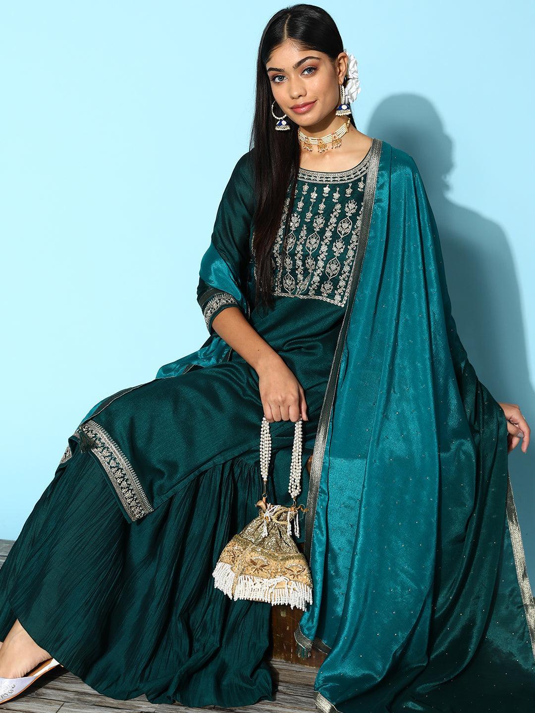 Teal Yoke Design Silk Blend Straight Suit Set - ShopLibas