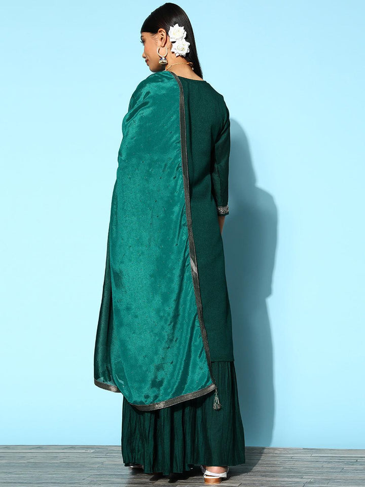Teal Yoke Design Silk Blend Straight Suit Set - ShopLibas