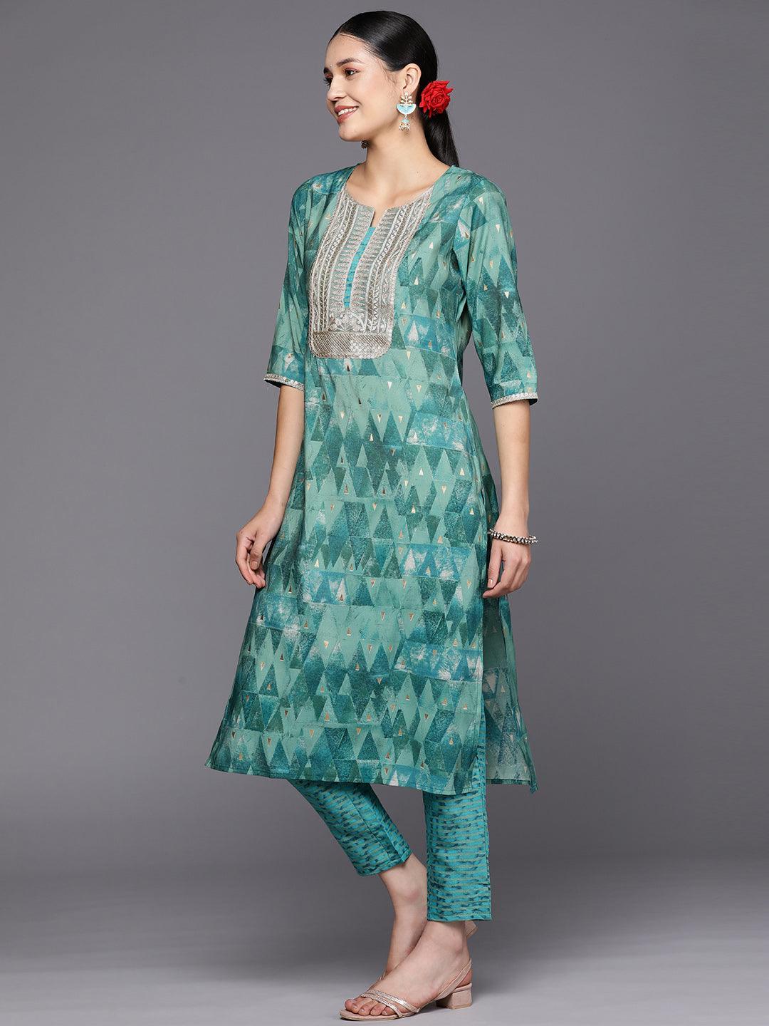 Teal Yoke Design Silk Blend Straight Suit Set With Trousers - ShopLibas 