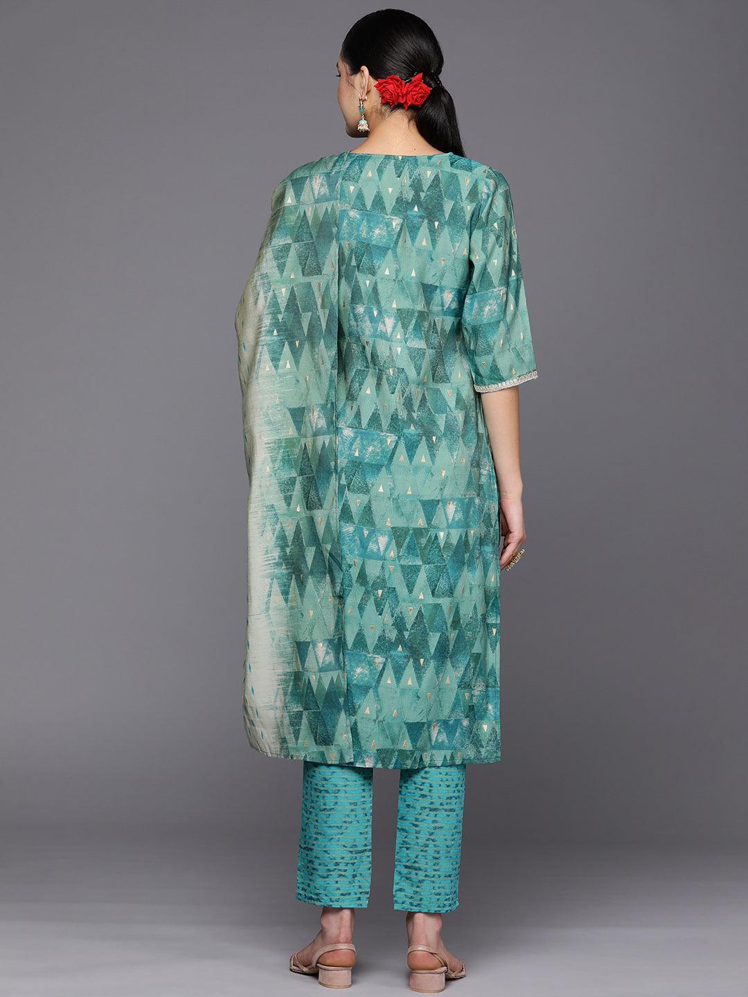 Teal Yoke Design Silk Blend Straight Suit Set With Trousers - ShopLibas 