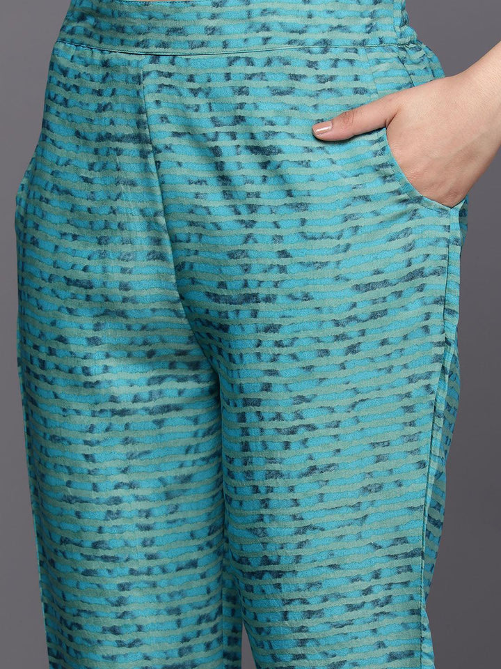 Teal Yoke Design Silk Blend Straight Suit Set With Trousers