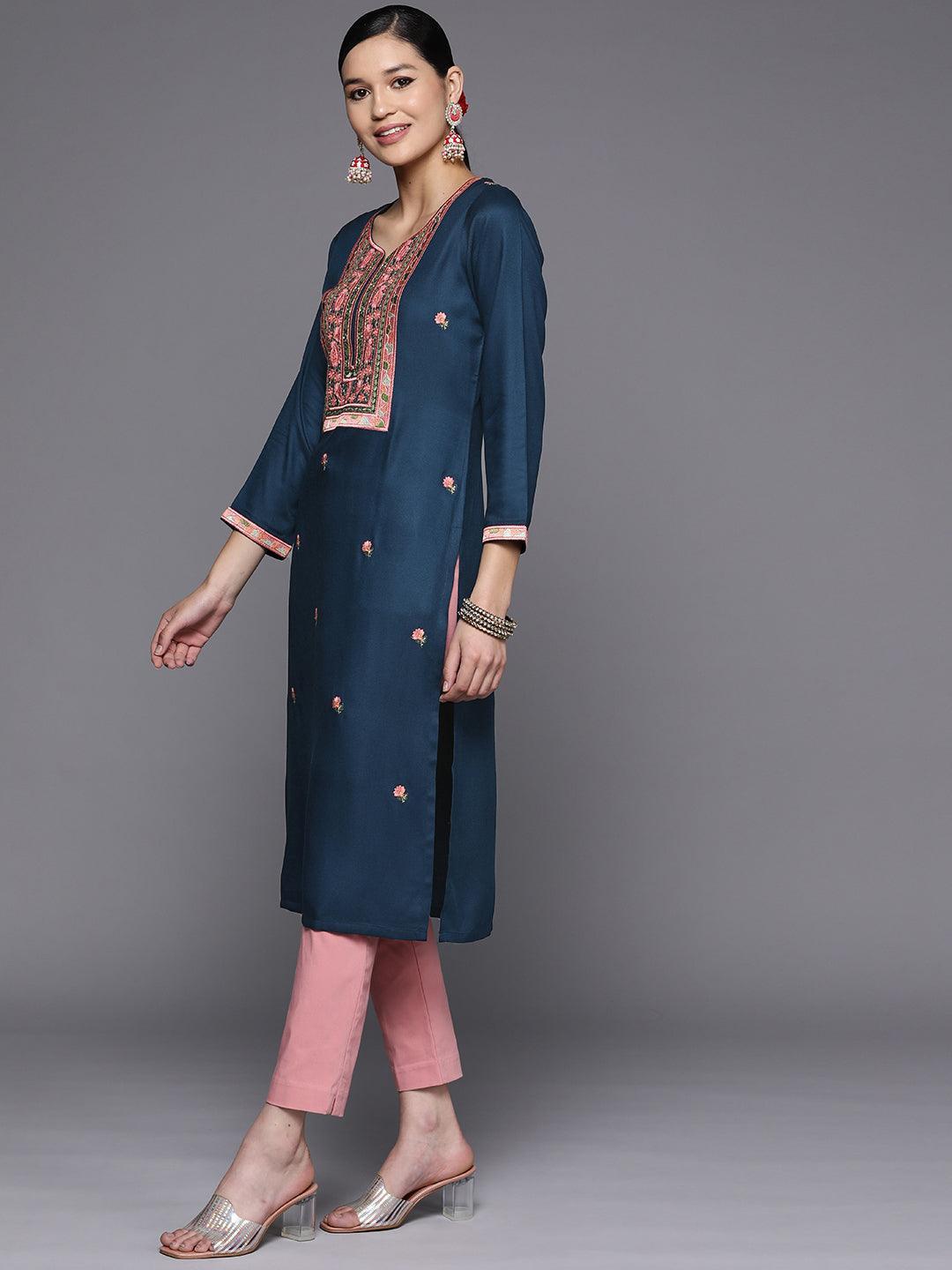 Teal Yoke Design Wool Straight Kurta - Libas 