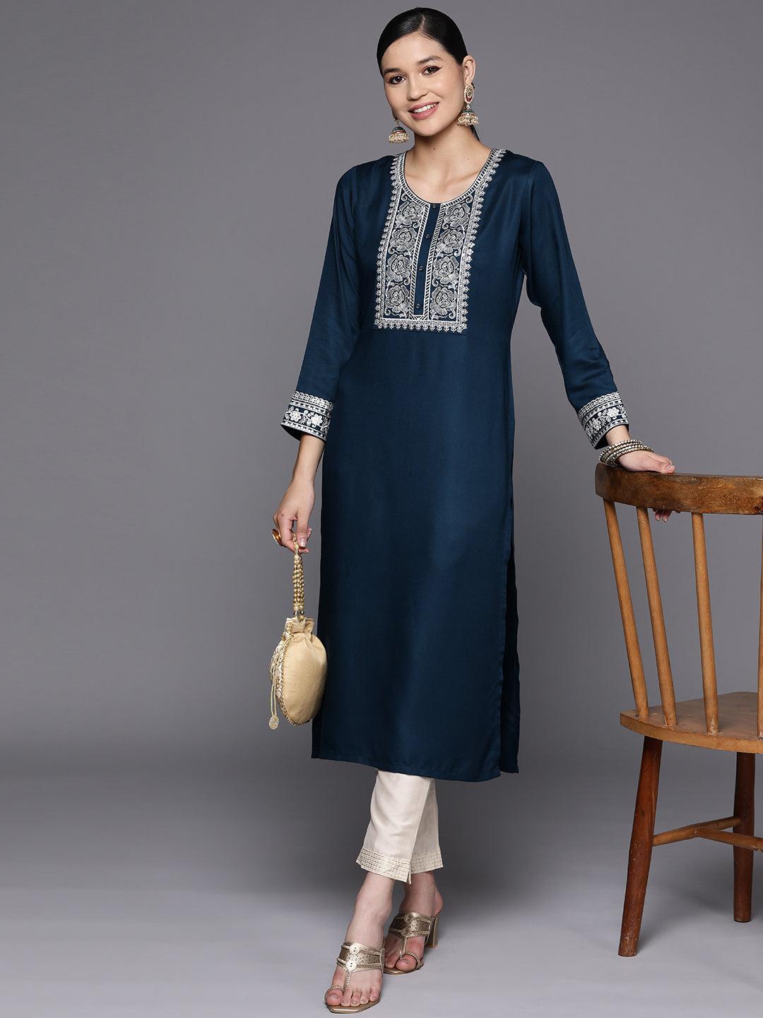 Teal Yoke Design Wool Straight Kurta - Libas 