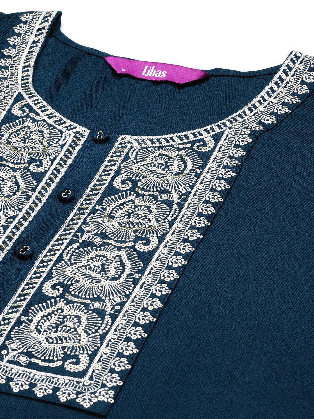 Teal Yoke Design Wool Straight Kurta - Libas 