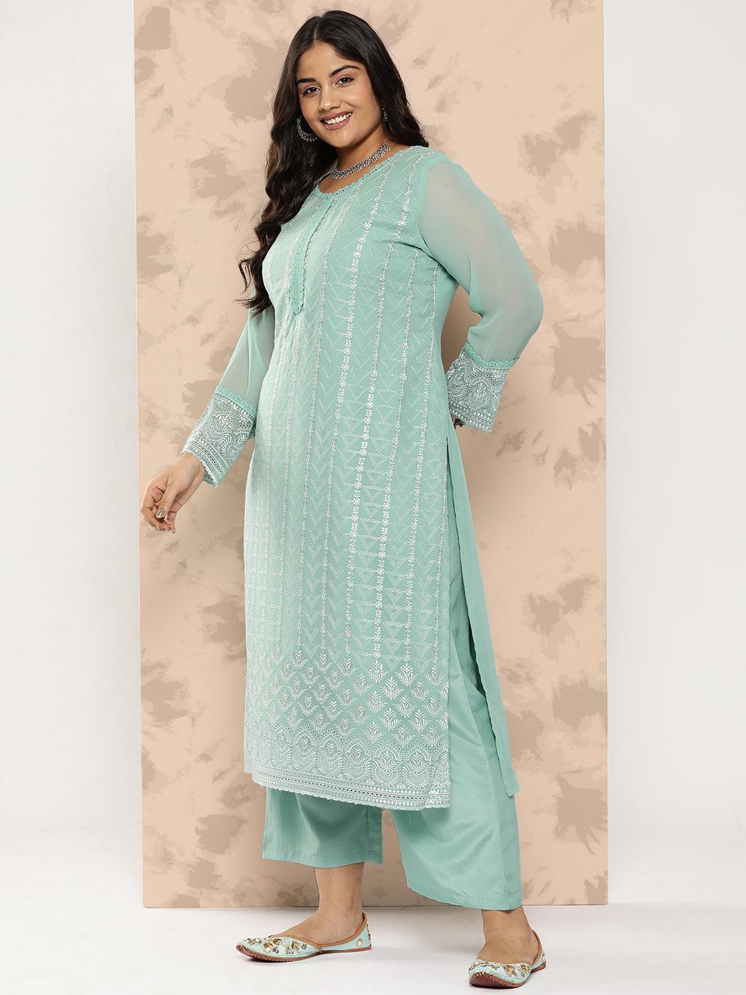 Turquoise Blue Embroidered Georgette Straight Kurta With Trousers and Dupatta - Libas 