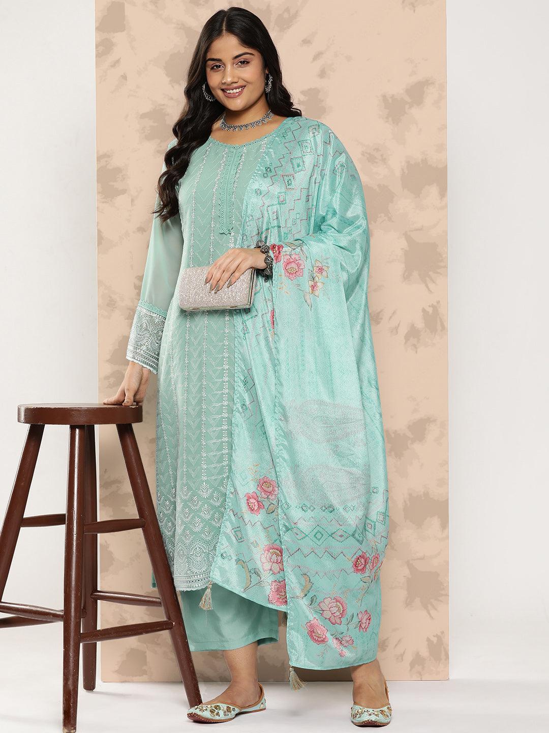 Turquoise Blue Embroidered Georgette Straight Kurta With Trousers and Dupatta - Libas 