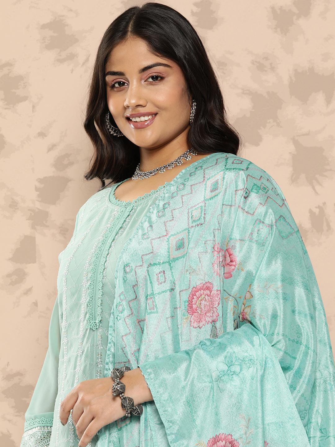 Turquoise Blue Embroidered Georgette Straight Kurta With Trousers and Dupatta - Libas 