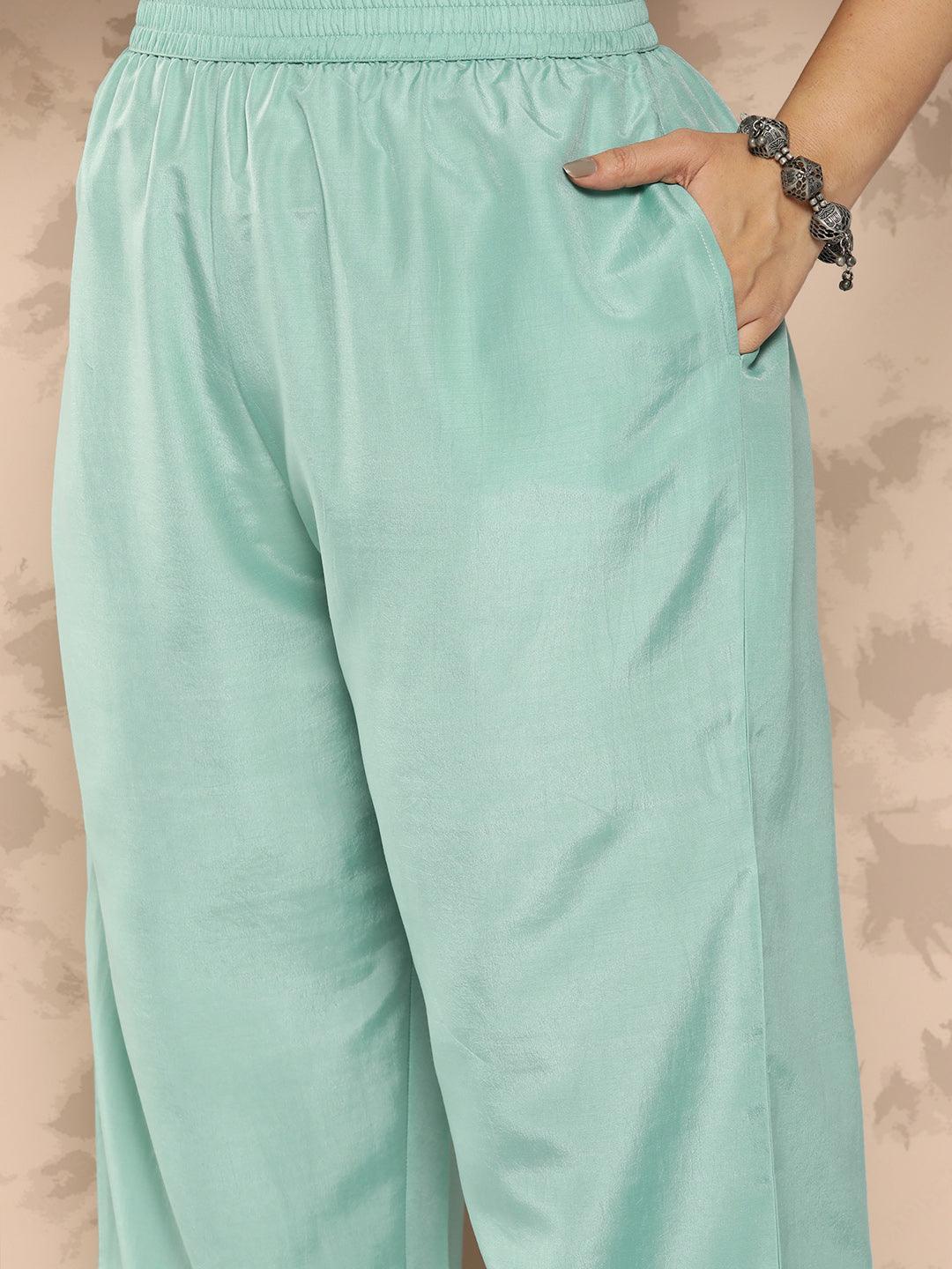 Turquoise Blue Embroidered Georgette Straight Kurta With Trousers and Dupatta - Libas 