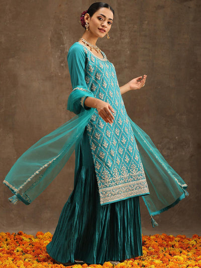 Turquoise Blue Embroidered Silk Blend Straight Suit Set With Sharara - ShopLibas