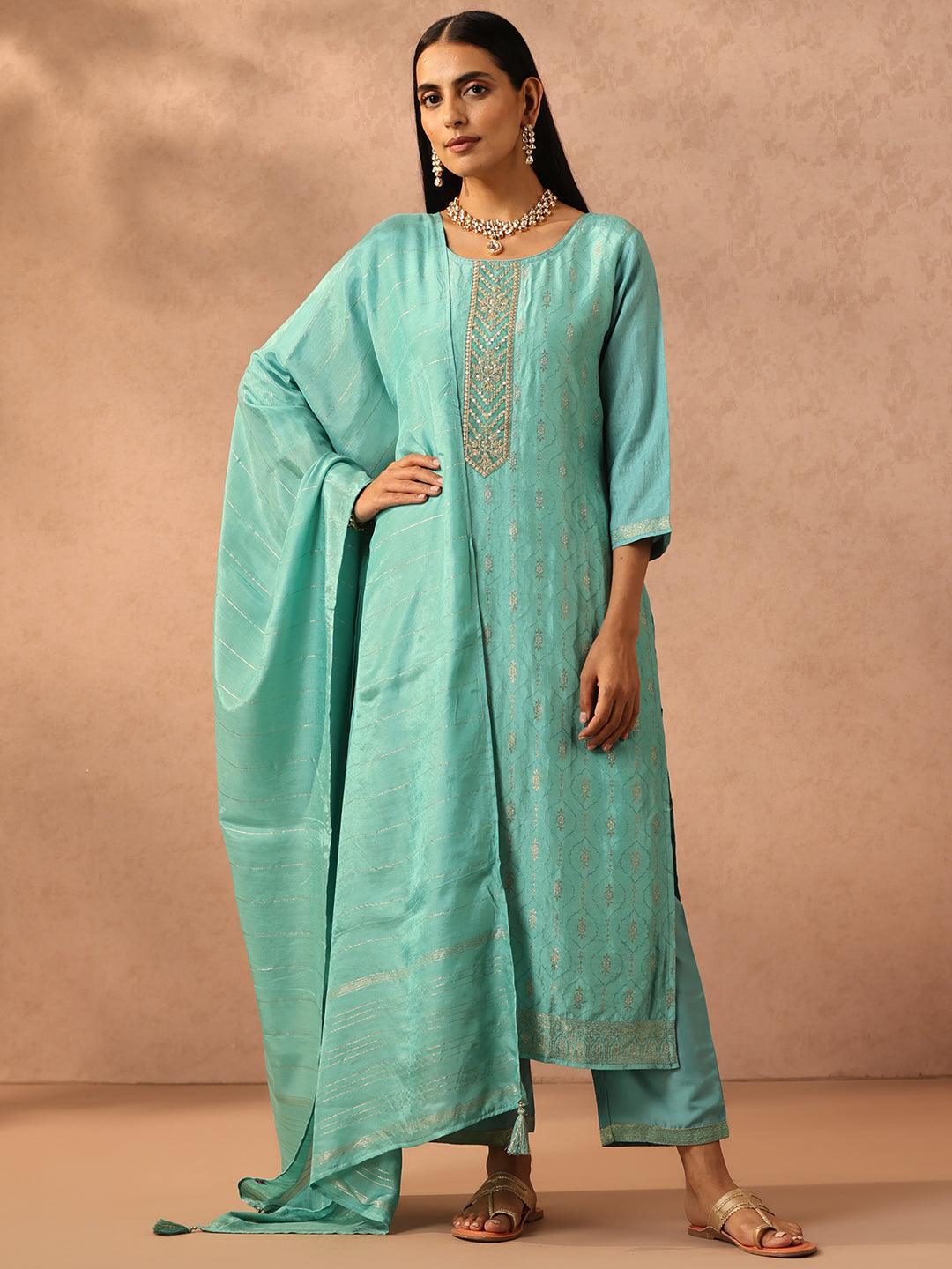 Turquoise Blue Embroidered Silk Blend Suit Set With Trousers - ShopLibas