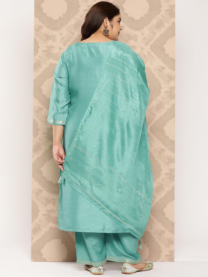 Turquoise Blue Embroidered Silk Blend Straight Kurta With Trousers and Dupatta