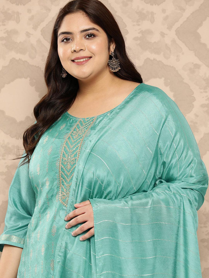 Turquoise Blue Embroidered Silk Blend Straight Kurta With Trousers and Dupatta