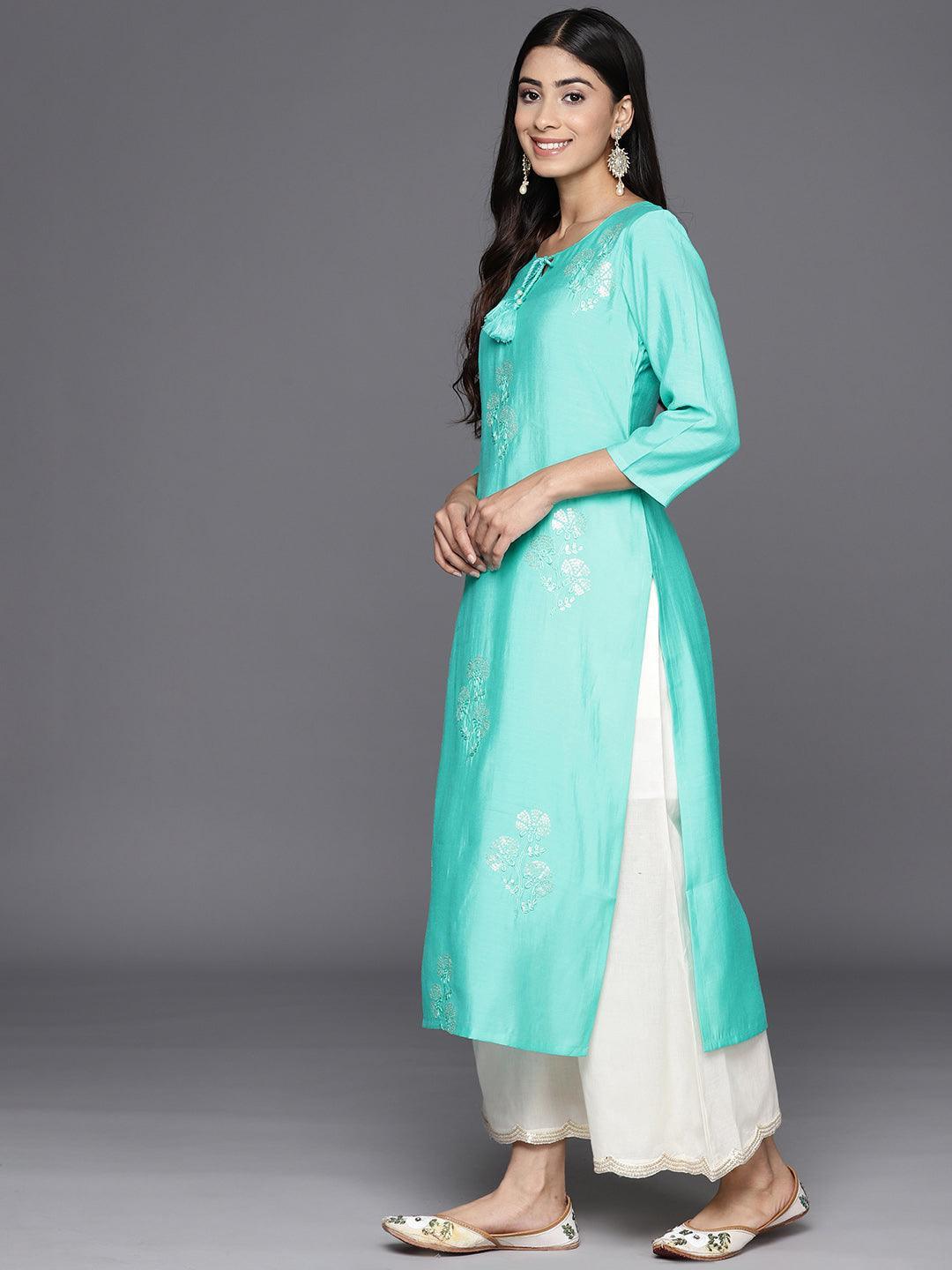 Turquoise Blue Embroidered Silk Straight Kurta - Libas 