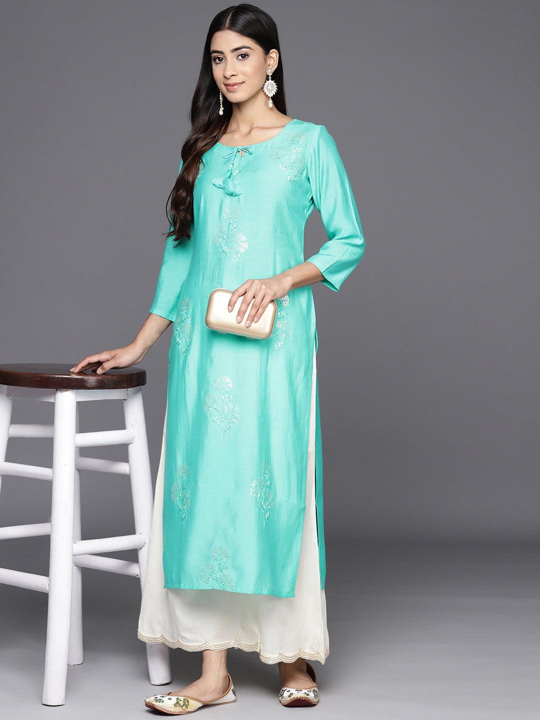 Turquoise Blue Embroidered Silk Straight Kurta - Libas 