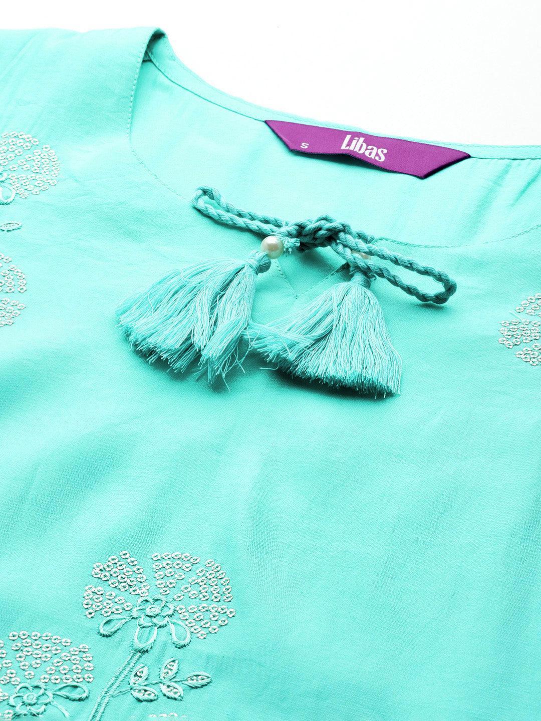 Turquoise Blue Embroidered Silk Straight Kurta - Libas 