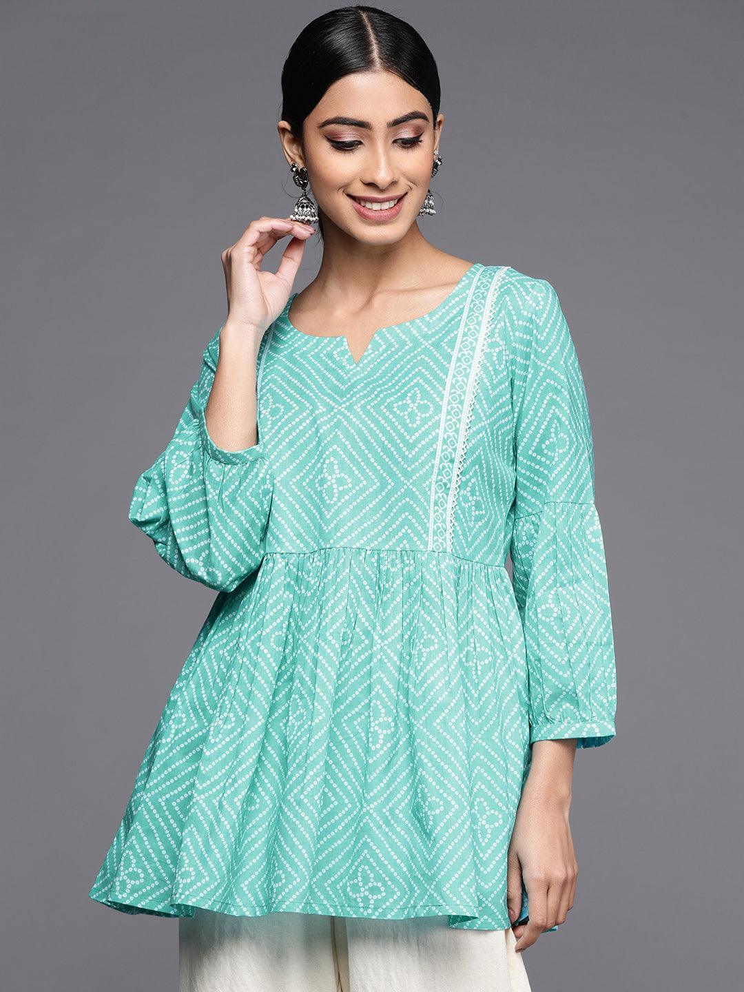 Turquoise Blue Printed Cotton A-Line Kurti - ShopLibas