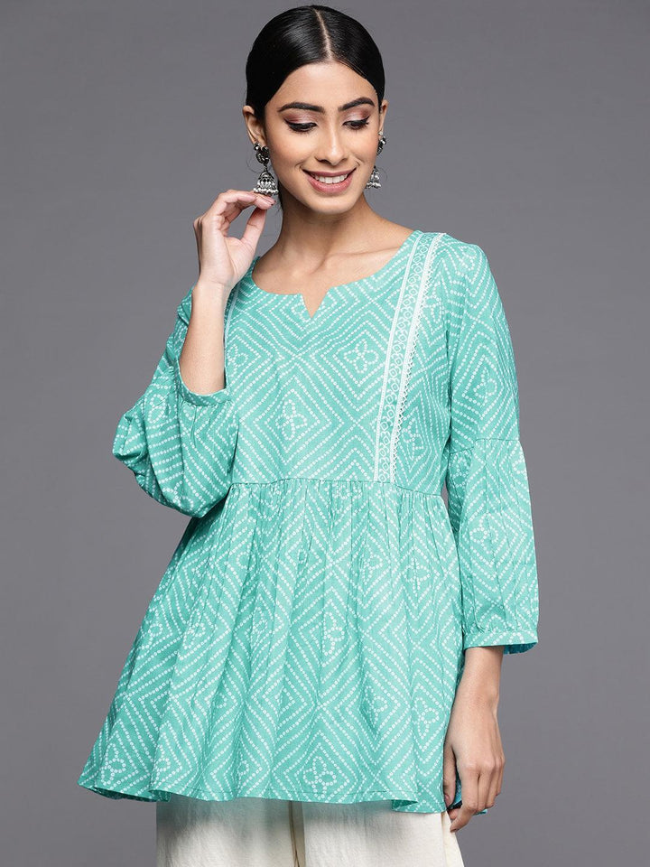 Turquoise Blue Printed Cotton A-Line Kurti - ShopLibas