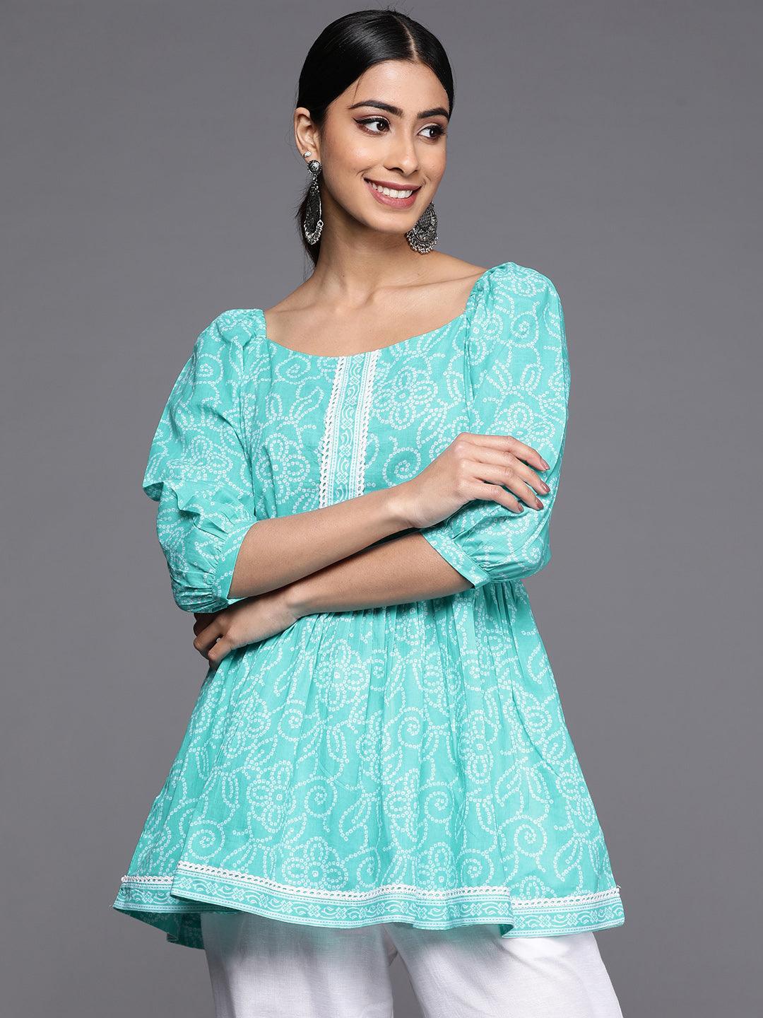 Turquoise Blue Printed Cotton A-Line Kurti - ShopLibas