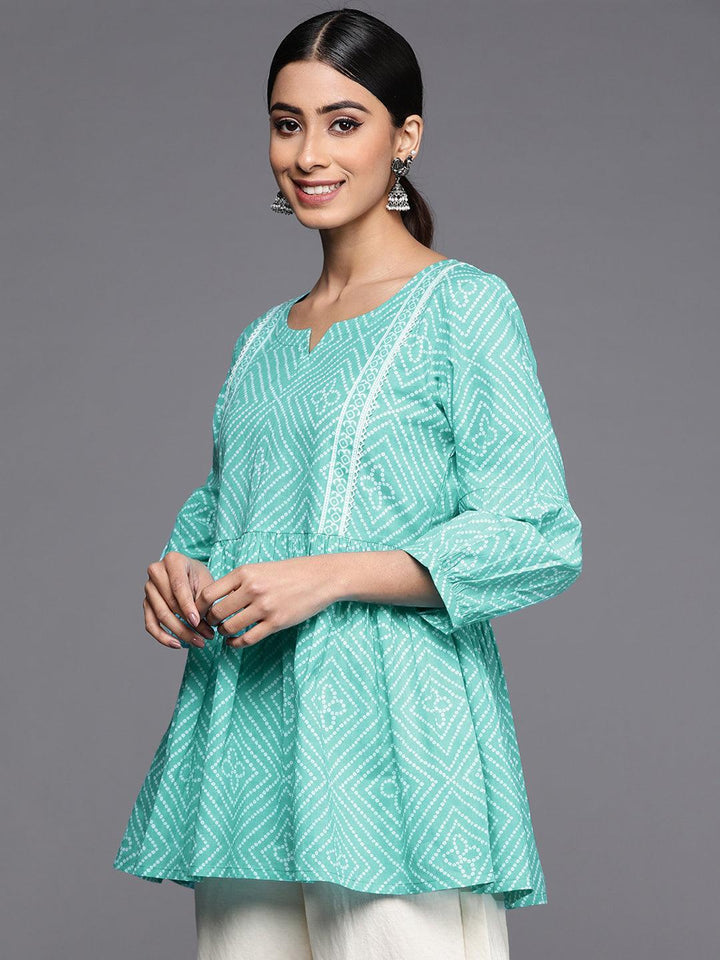 Turquoise Blue Printed Cotton A-Line Kurti - ShopLibas