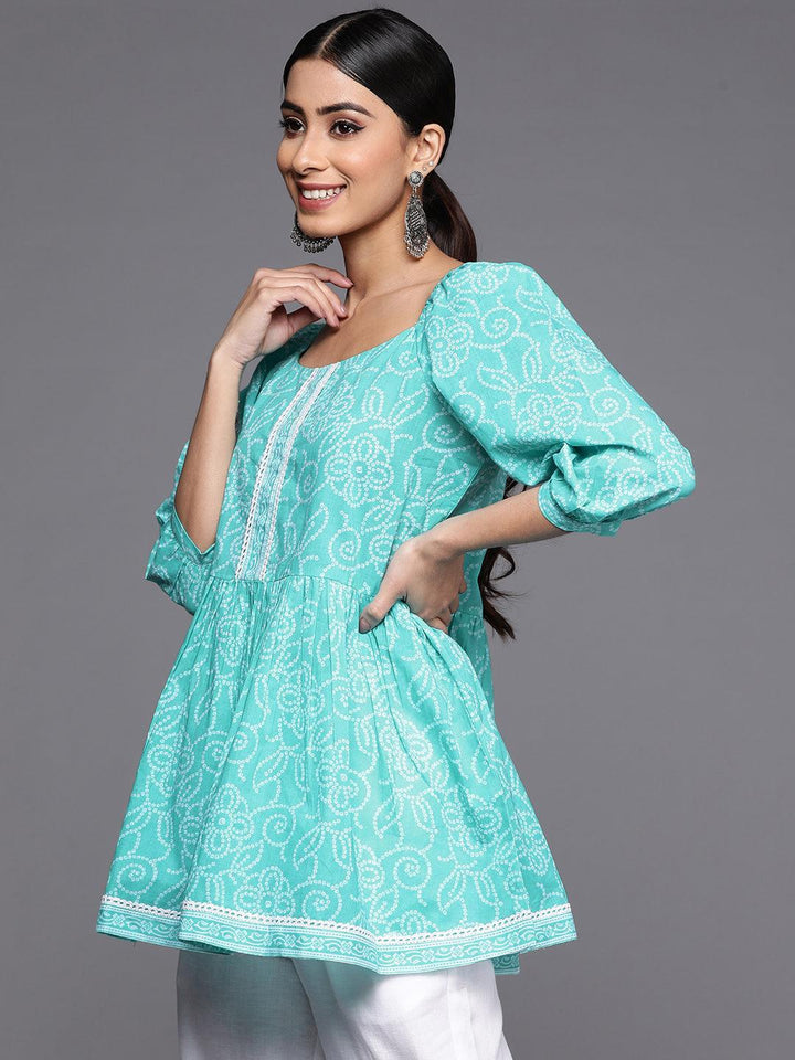 Turquoise Blue Printed Cotton A-Line Kurti - ShopLibas