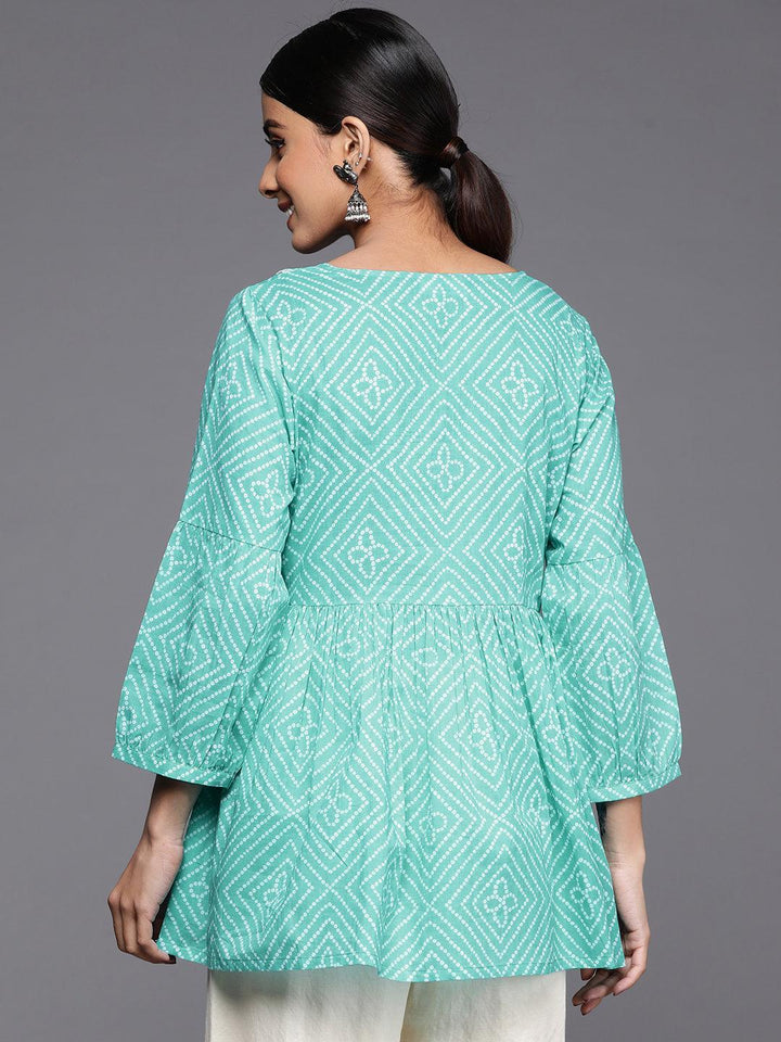 Turquoise Blue Printed Cotton A-Line Kurti - ShopLibas