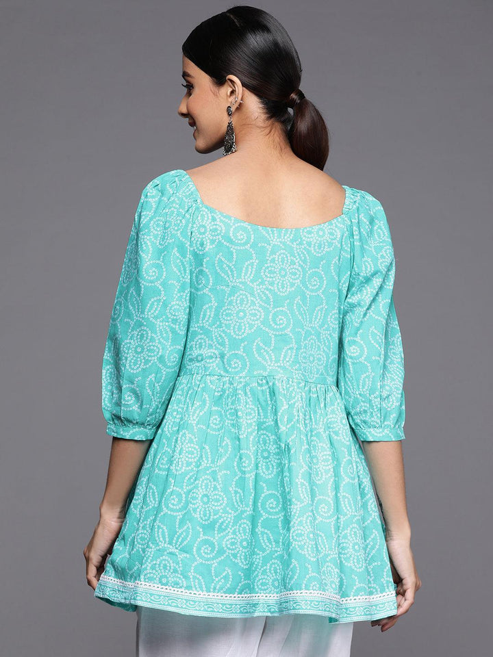 Turquoise Blue Printed Cotton A-Line Kurti - ShopLibas