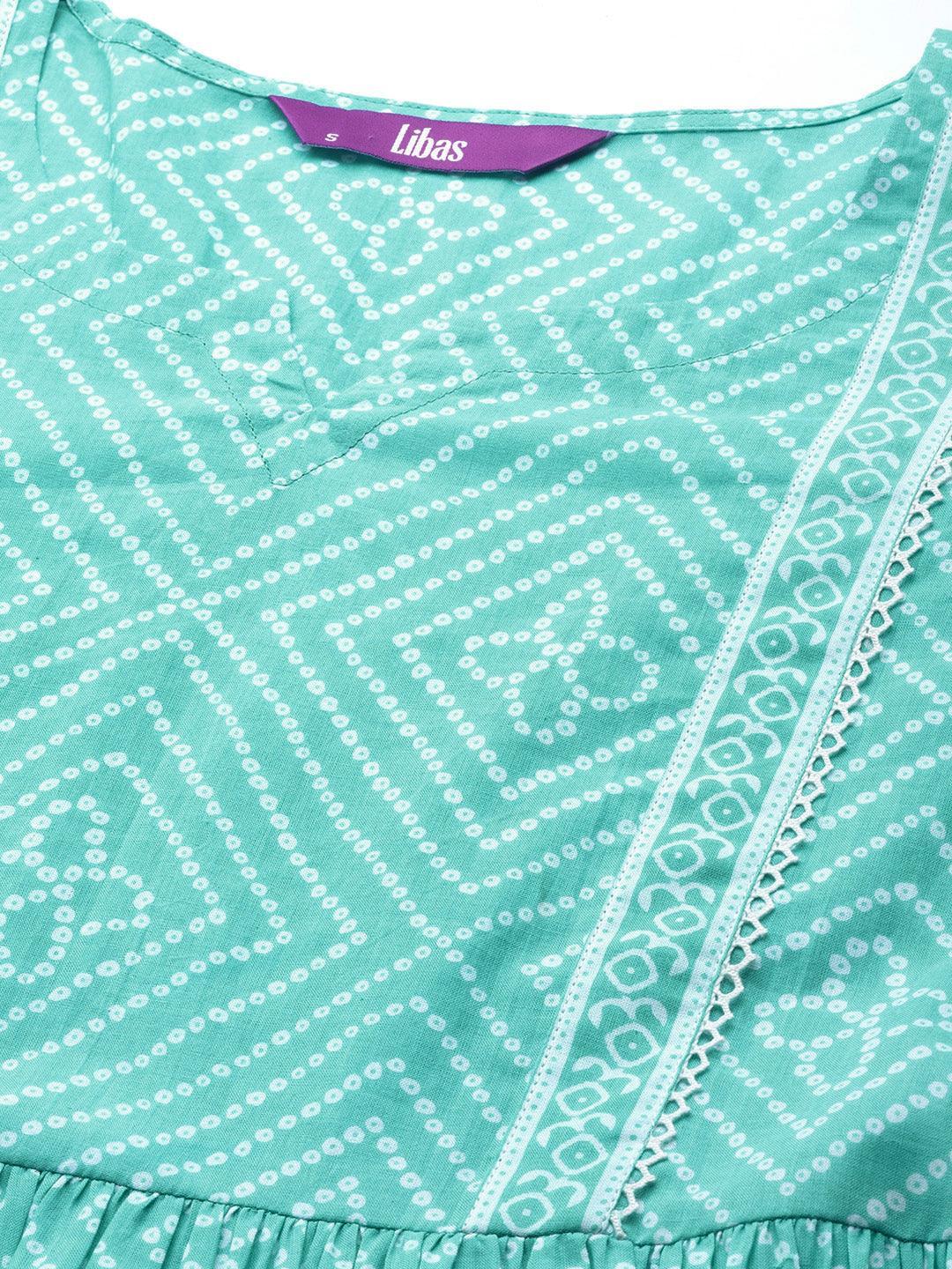 Turquoise Blue Printed Cotton A-Line Kurti - ShopLibas