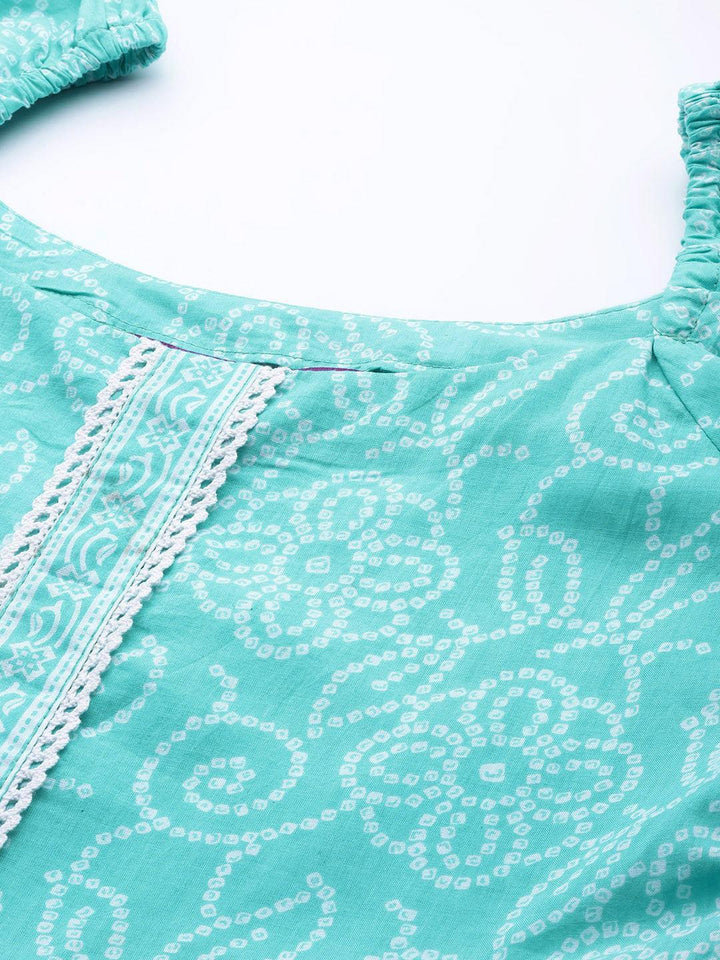 Turquoise Blue Printed Cotton A-Line Kurti - ShopLibas