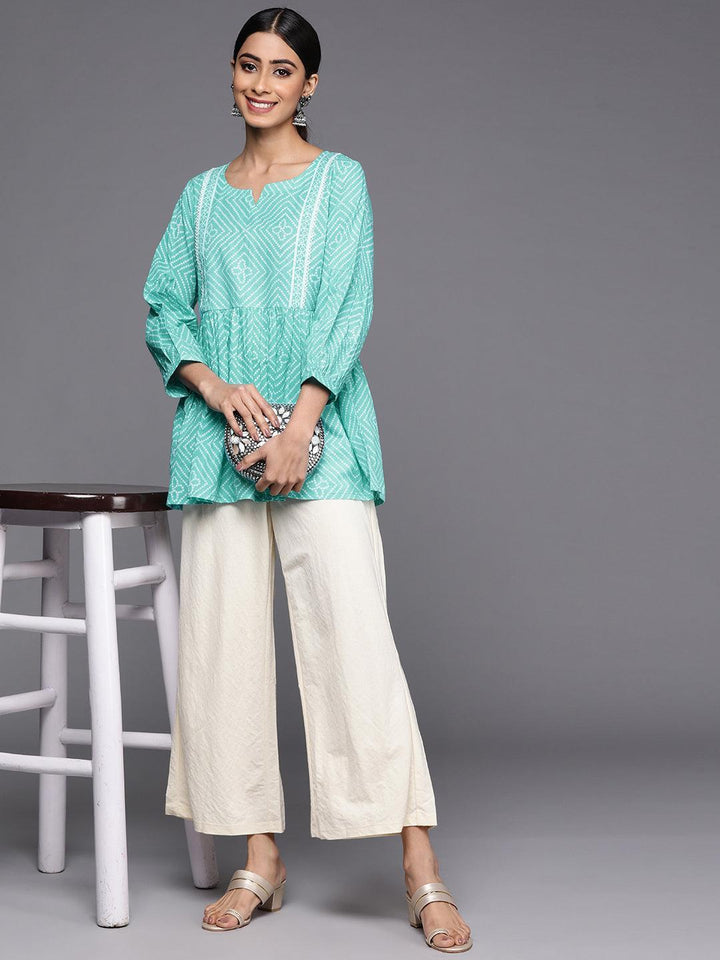 Turquoise Blue Printed Cotton A-Line Kurti - ShopLibas