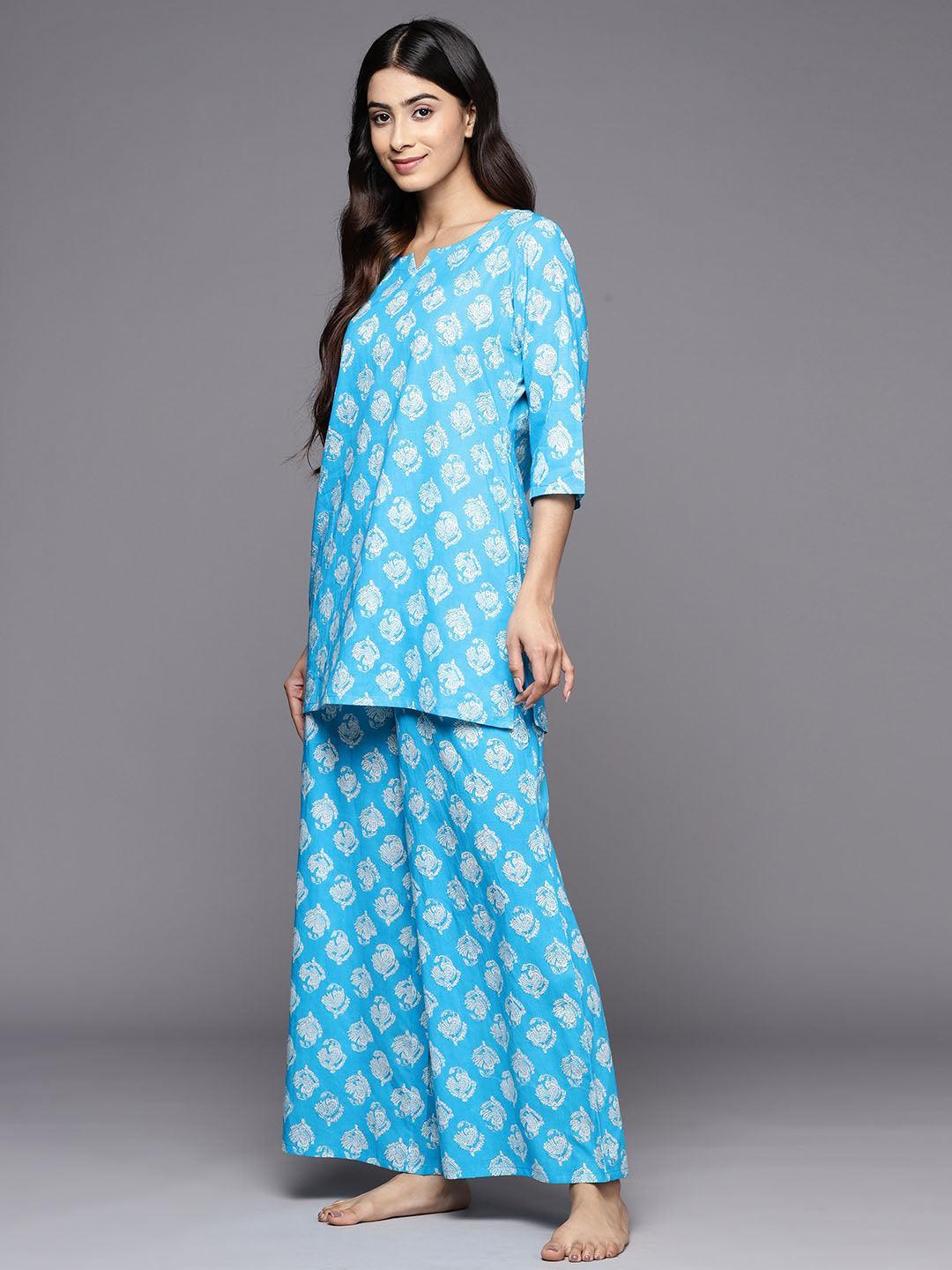 Turquoise Blue Printed Cotton Night Suit - ShopLibas 