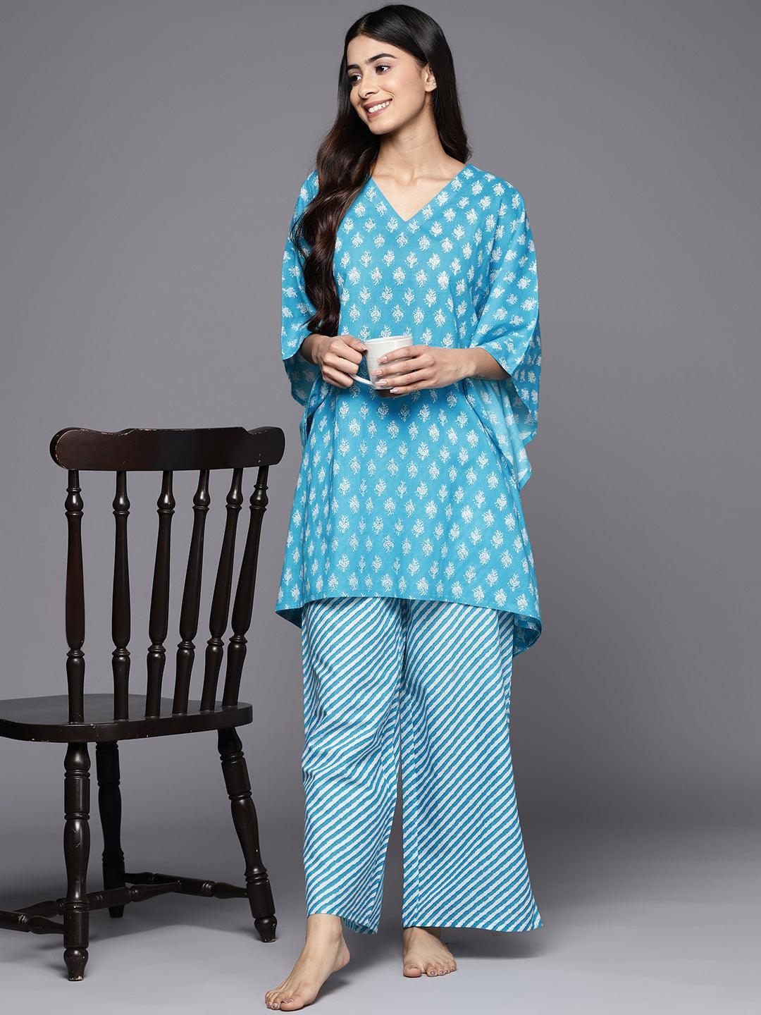 Turquoise Blue Printed Cotton Night Suit - ShopLibas