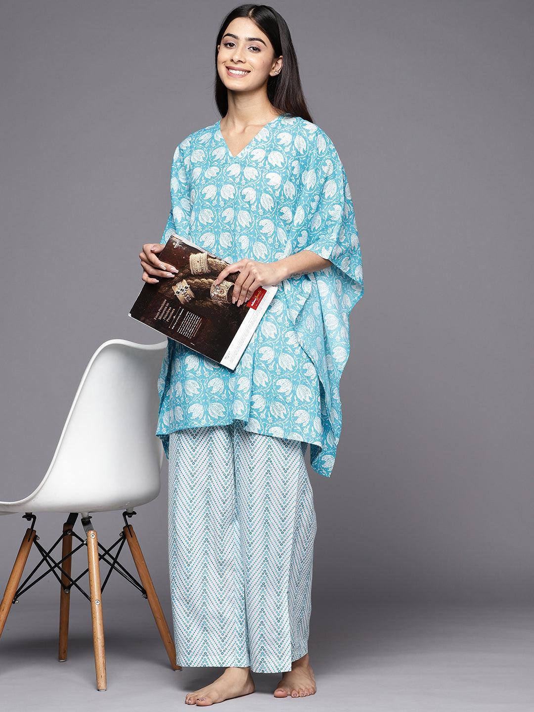 Turquoise Blue Printed Cotton Night Suit - ShopLibas 