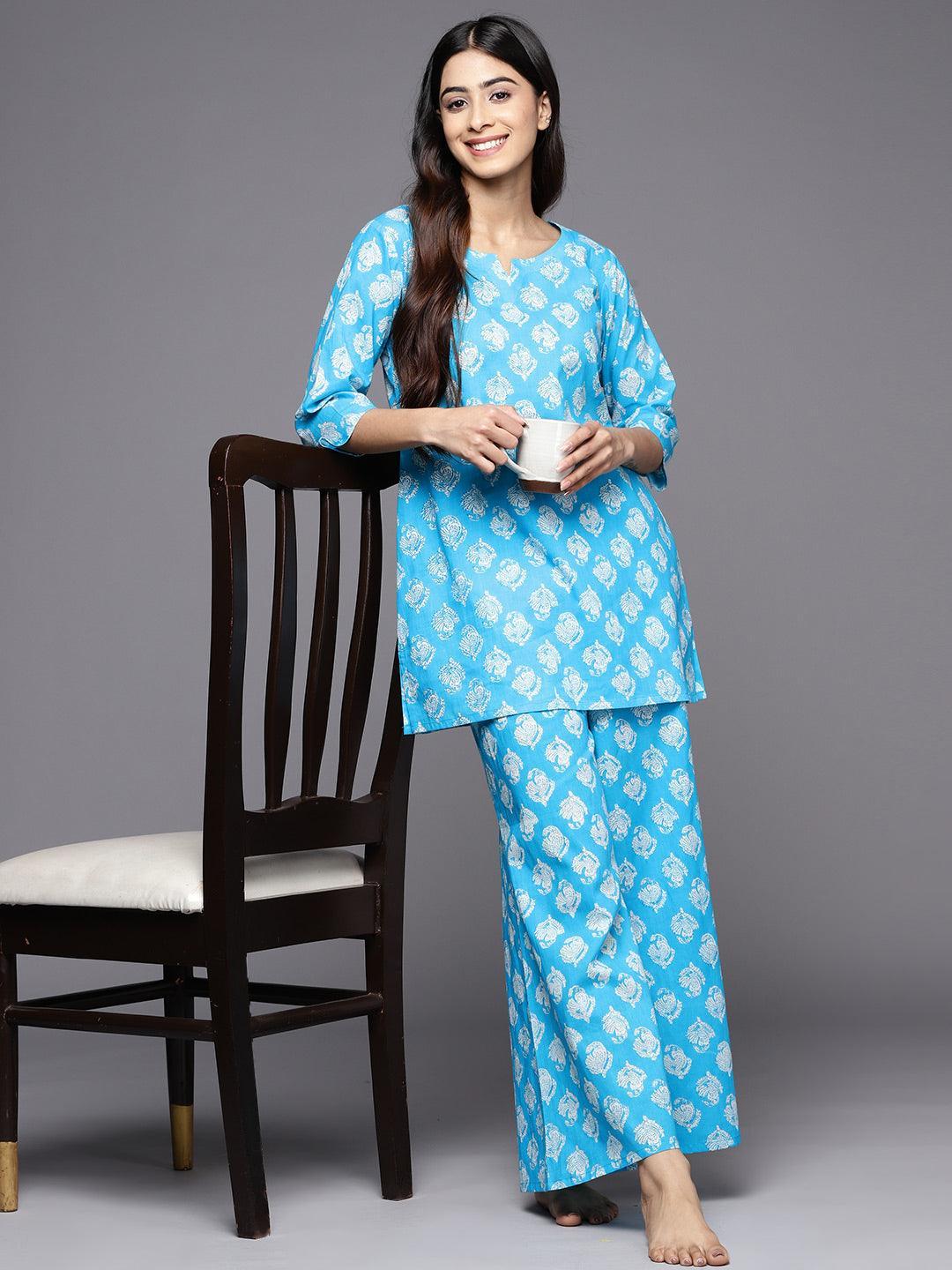 Turquoise Blue Printed Cotton Night Suit - ShopLibas 