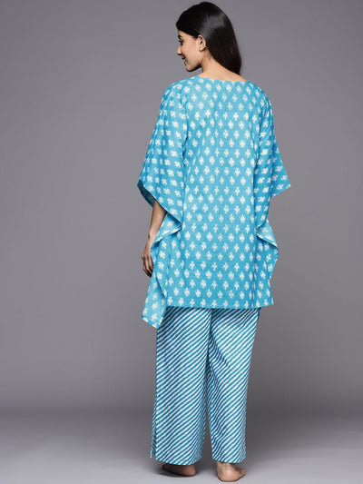 Turquoise Blue Printed Cotton Night Suit - ShopLibas