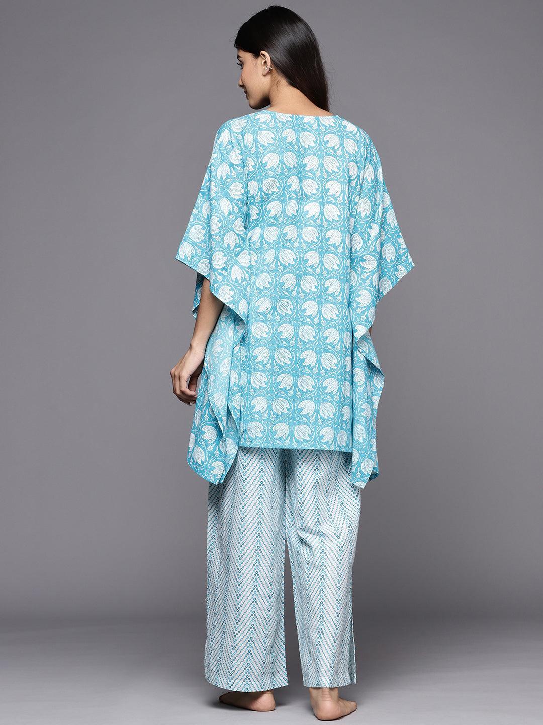 Turquoise Blue Printed Cotton Night Suit - ShopLibas 