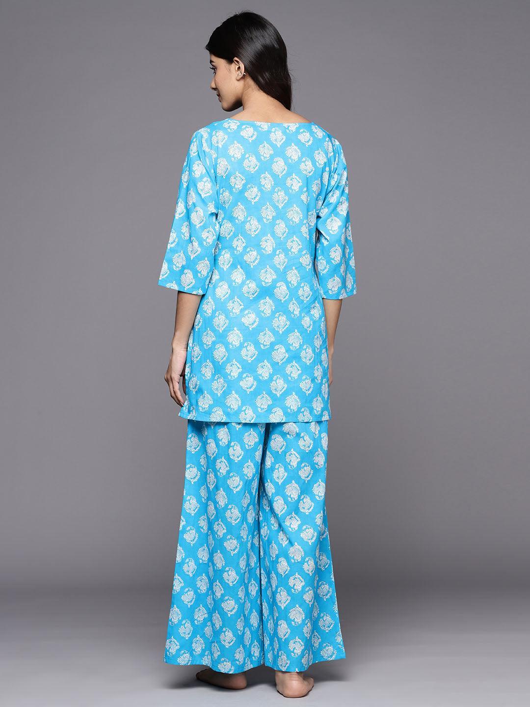 Turquoise Blue Printed Cotton Night Suit - ShopLibas 