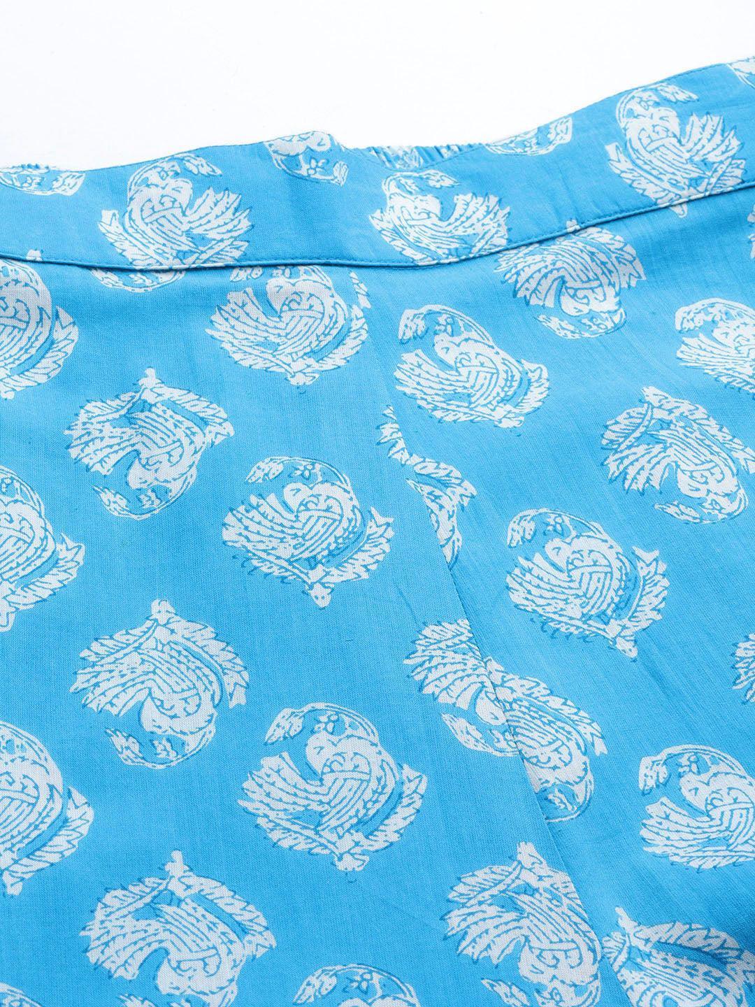 Turquoise Blue Printed Cotton Night Suit - ShopLibas 
