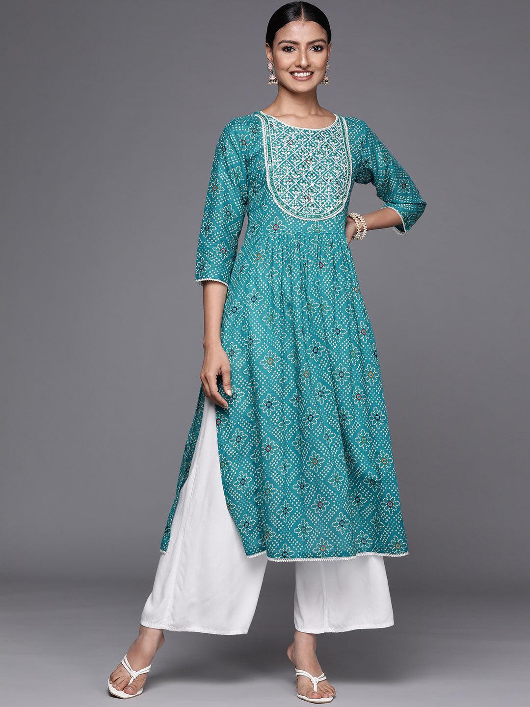 Turquoise Blue Printed Cotton Straight Kurta - ShopLibas