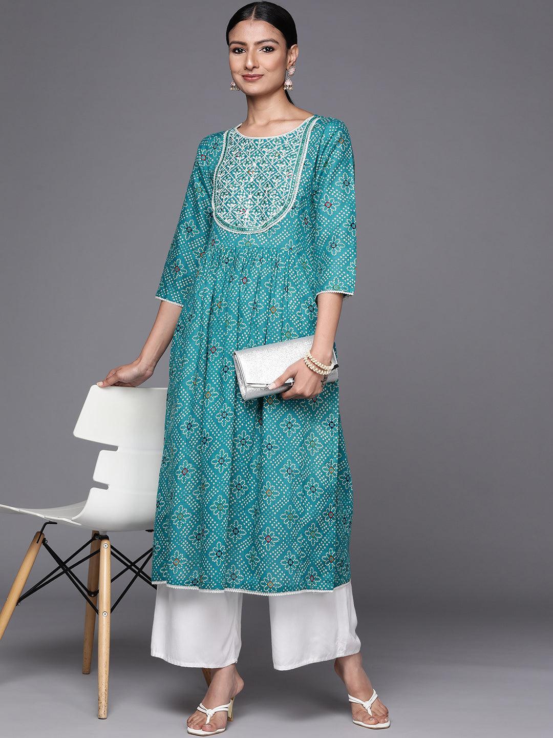 Turquoise Blue Printed Cotton Straight Kurta - ShopLibas