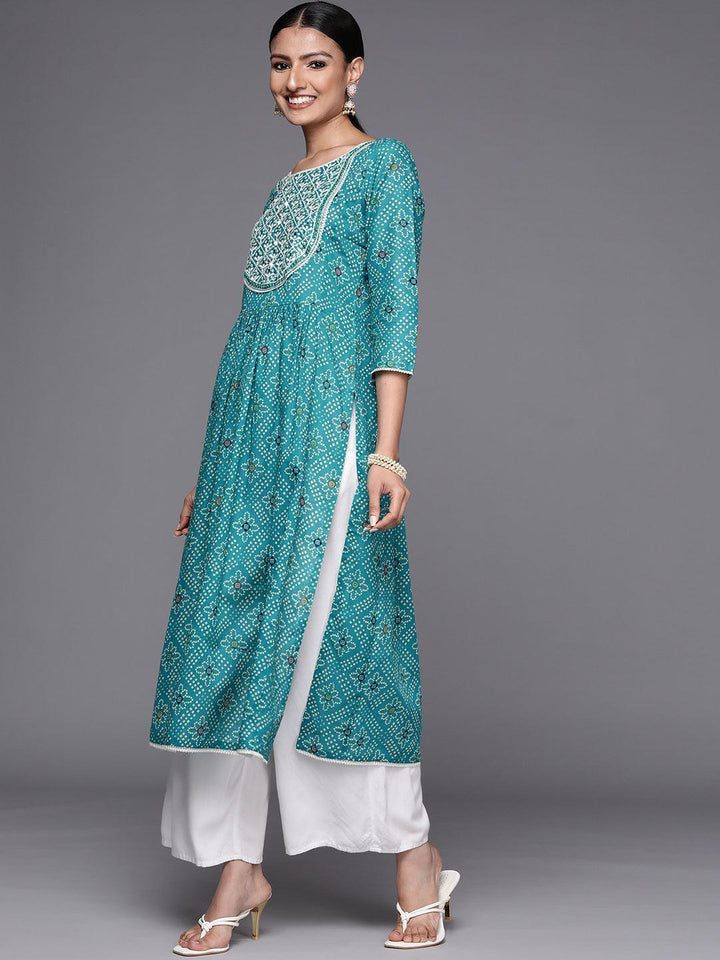 Turquoise Blue Printed Cotton Straight Kurta - ShopLibas