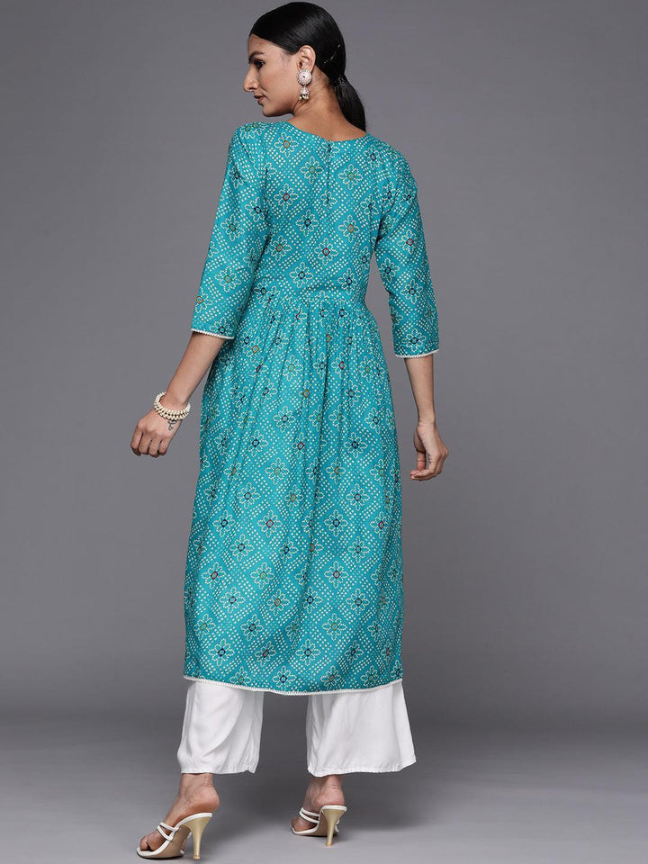 Turquoise Blue Printed Cotton Straight Kurta - ShopLibas