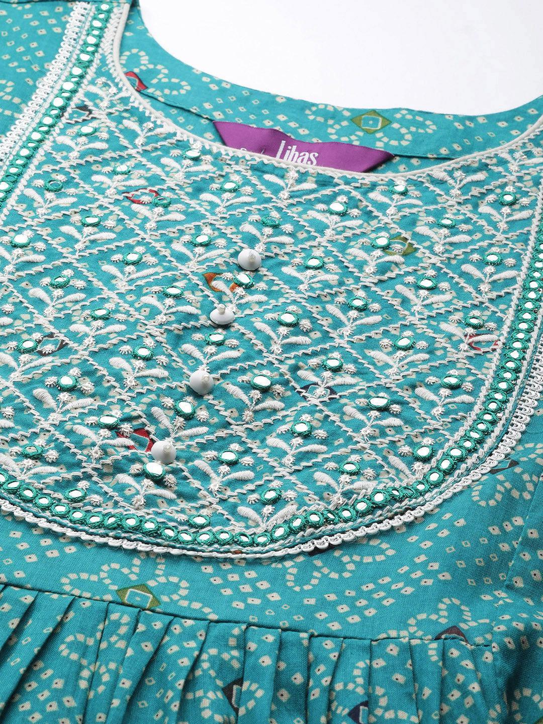 Turquoise Blue Printed Cotton Straight Kurta - ShopLibas
