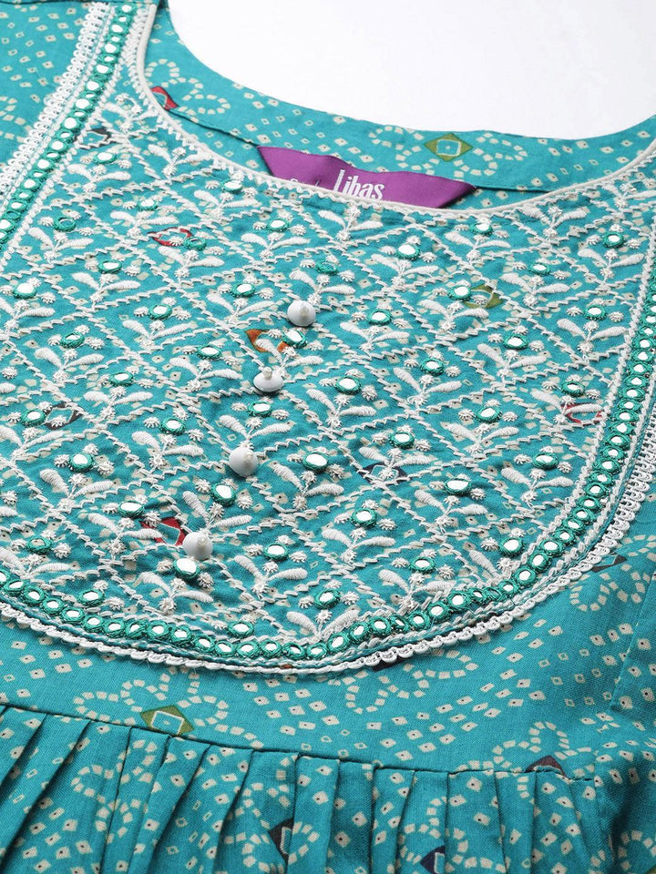 Turquoise Blue Printed Cotton Straight Kurta - ShopLibas
