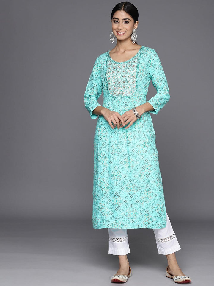 Turquoise Blue Printed Rayon Straight Kurta