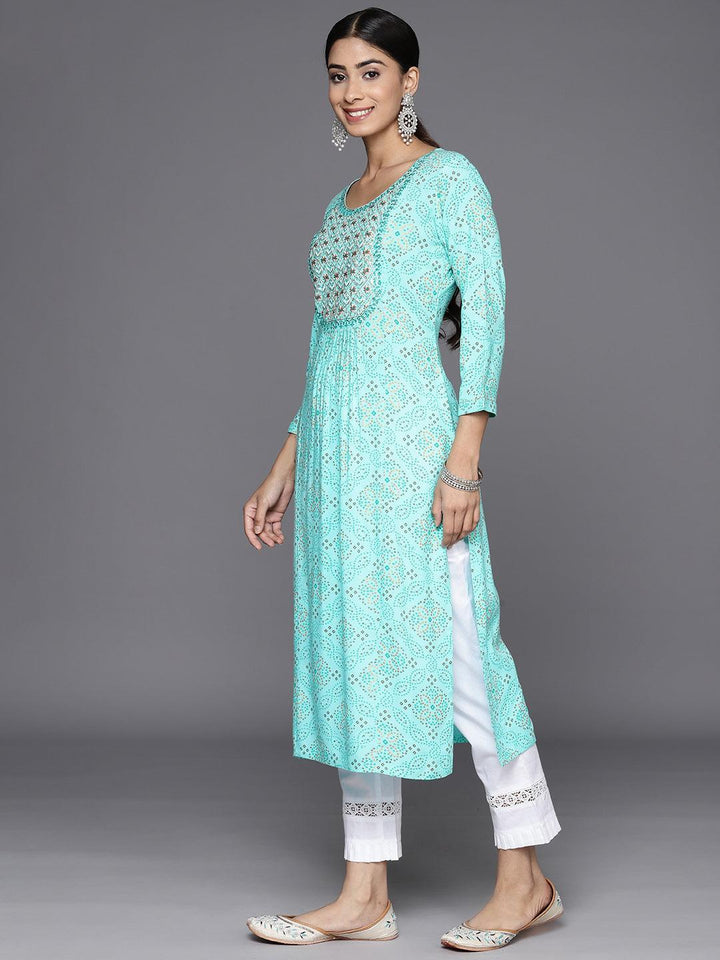 Turquoise Blue Printed Rayon Straight Kurta
