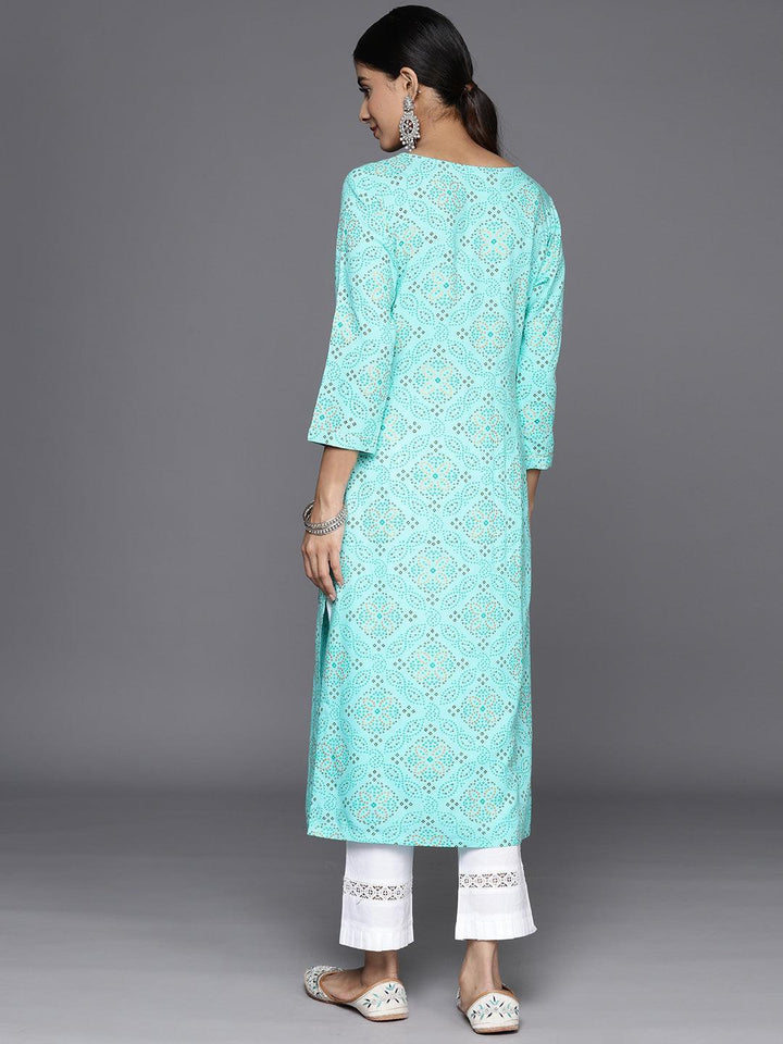 Turquoise Blue Printed Rayon Straight Kurta