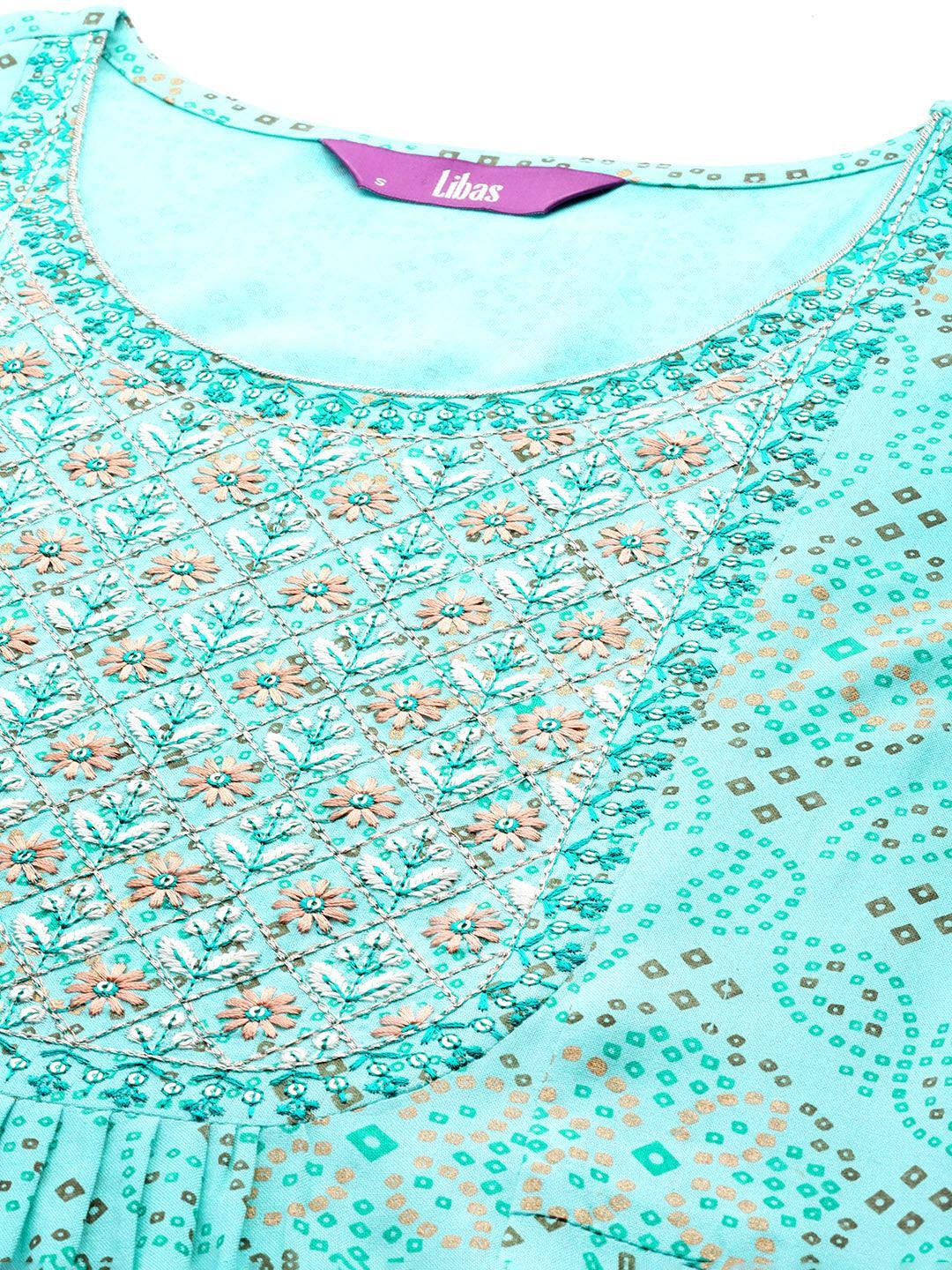 Turquoise Blue Printed Rayon Straight Kurta - Libas 