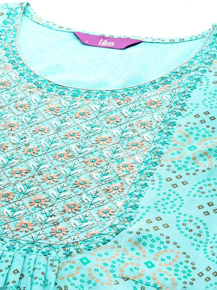 Turquoise Blue Printed Rayon Straight Kurta