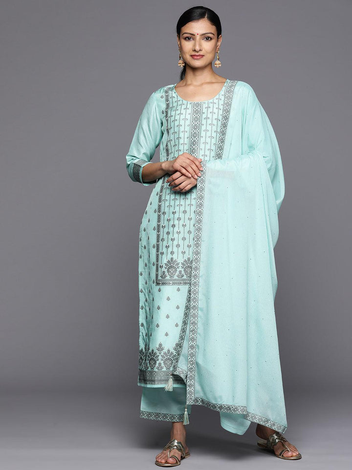 Turquoise Blue Woven Design Silk Blend Straight Kurta With Trousers & Dupatta - Libas