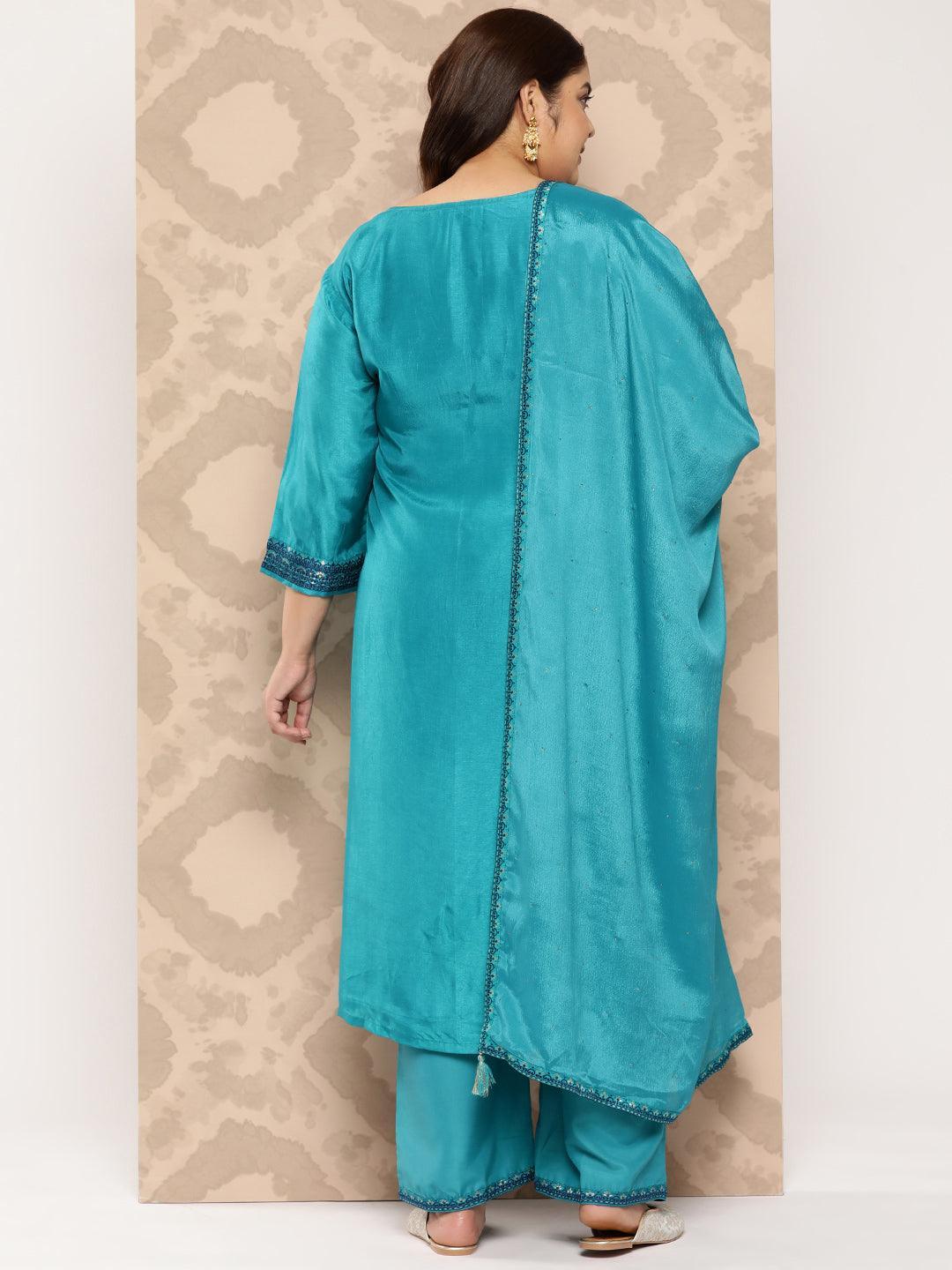 Turquoise Blue Woven Design Silk Blend Straight Kurta With Trousers and Dupatta - Libas 